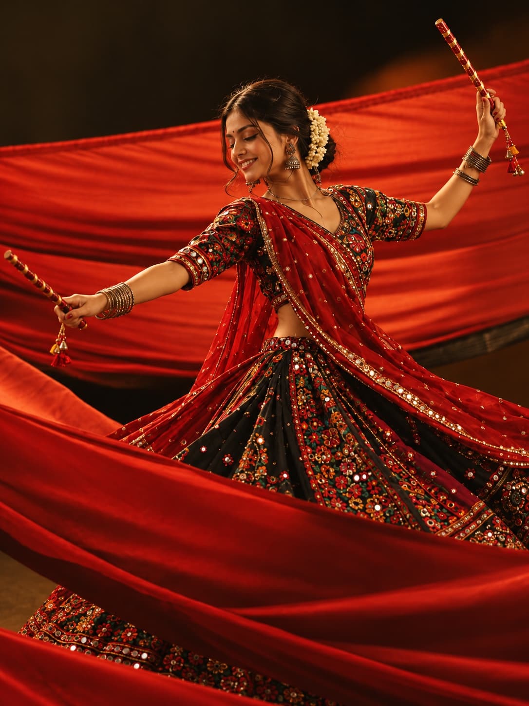 A Garba dancer mid-turn in an embroidered lehenga, dandiya sticks raised, red fabric sweeping around her
