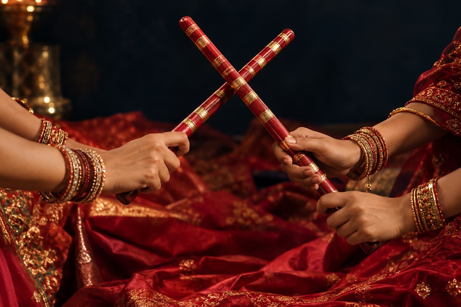 Hands crossing two dandiya sticks over red silk
