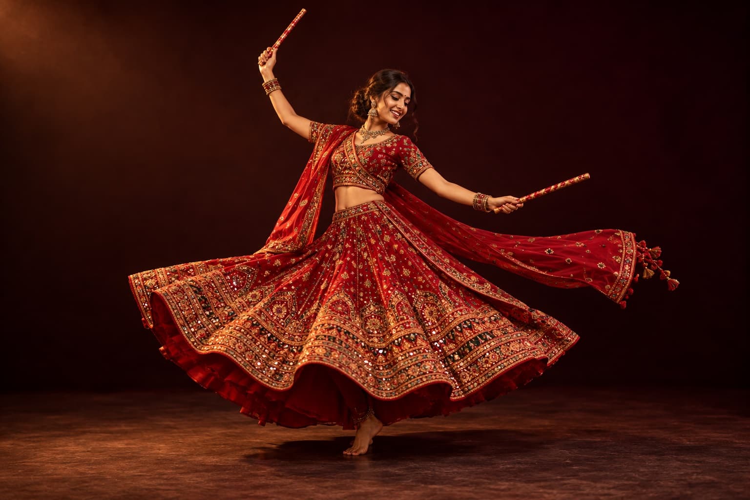 A Garba dancer mid-spin, dandiya sticks raised