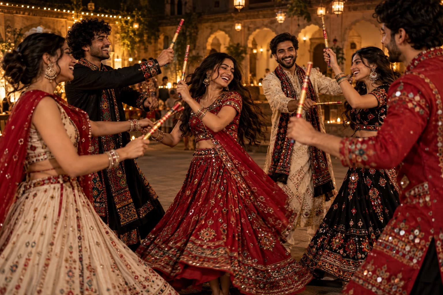 Friends celebrating Garba together beneath warm courtyard lights